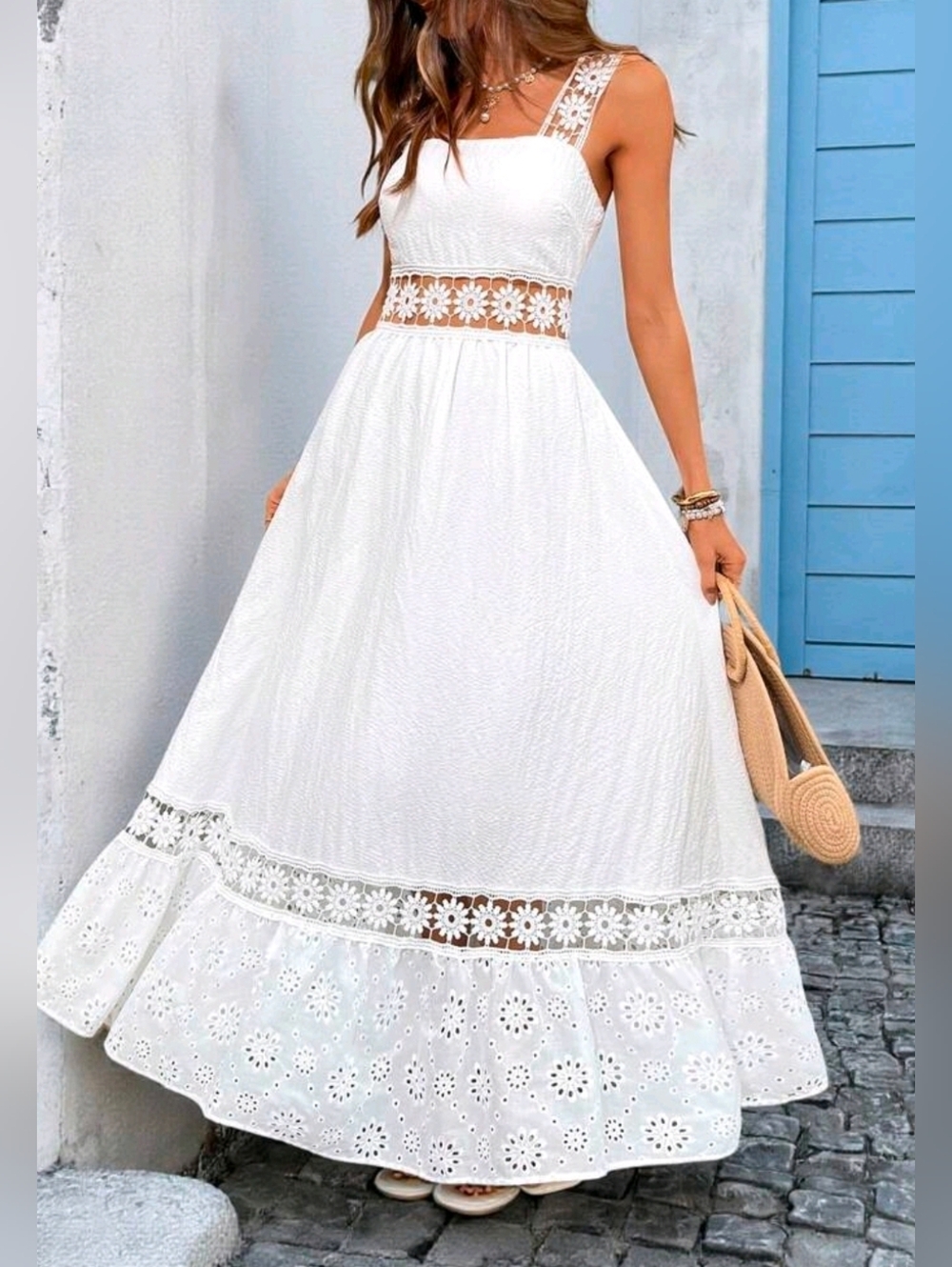 * New Boho Sheer Embroidered Eyelet Lace Maxi Dress White - Picture 5 of 12